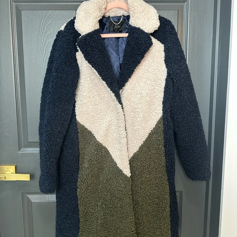 J. Crew Colorblock Teddy Coat in Navy, Cream & Olive